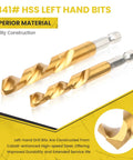 Close-up of gold HSS left-hand drill bits from 14 Piece Screw Extractor And Left Hand Drill Bit Set For Easy Out Removals.