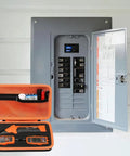 Rugged Hard Case Organizer For Circuit Breaker Finders And GFCI Testers Kits shown near electrical panel.