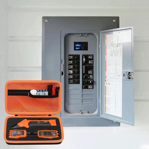 Rugged Hard Case Organizer For Circuit Breaker Finders And GFCI Testers Kits shown near electrical panel.