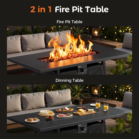Propane Fire Pit Table For Outdoor Living 42 Inch Large Black Fire Pit Table With Ample Surface For Drinks And Snacks Perfect For Backyard Patio Gatherings And Cozy Outdoor Hangouts For Any Night, shown as a fire pit and dining table