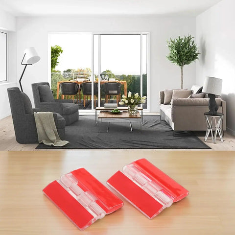 Crystal Clear Acrylic Hinges 4 Pack 1.37 x 1.77 Inch displayed in a stylish living room setting with furniture