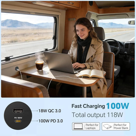 Blazing Fast 118W 12V USB Socket Featuring 100W Type C Car Charger and 18W Quick Charge Dual Port Fast Charging Adapter in RV interior.