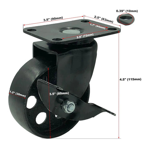 Heavy Duty 3.5 Inch Swivel Caster Wheel Kit Featuring Two Lock Brakes And Two Non Brake Plates crafted from durable cast iron tires.