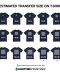 Image showing estimated transfer sizes on T-shirts from 2x2 to 16x16 for Ready To Peel DTF Transfers For T Shirts Sweatshirts Aprons And More A Bold Vibrant Full Color Print Direct To Film Iron On Transfer That Delivers Durable Wear And Easy Peasy Application For Beginners And Pros Alike.