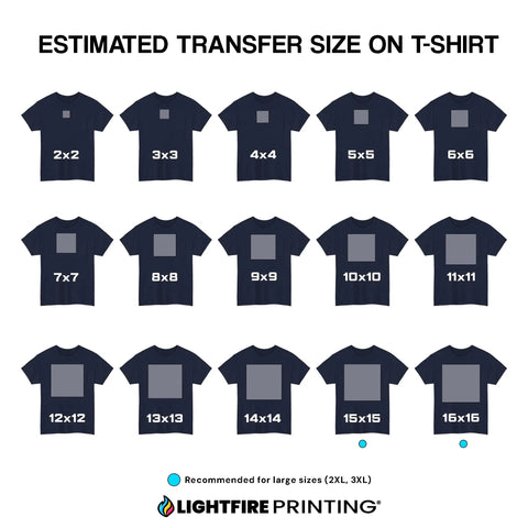 Image showing estimated transfer sizes on T-shirts from 2x2 to 16x16 for Ready To Peel DTF Transfers For T Shirts Sweatshirts Aprons And More A Bold Vibrant Full Color Print Direct To Film Iron On Transfer That Delivers Durable Wear And Easy Peasy Application For Beginners And Pros Alike.