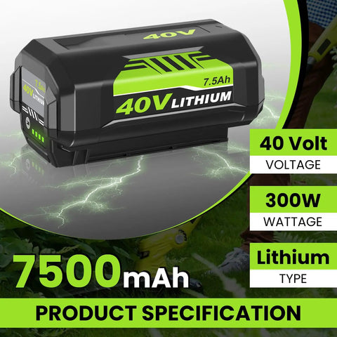 Two Pack 7.5Ah Replacement Battery for Ryobi 40V Tools Includes Long Lasting Power shown with voltage and wattage details