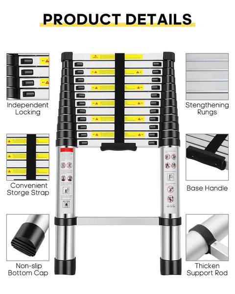Product details of 12.5 Foot Aluminum Telescoping Ladder With Two Replacement Non Slip Rubber Covers Portable Multi Purpose Extension Ladder For Indoor Outdoor DIY Projects Easy Auto Lock Stages 330 Pound Load Capacity