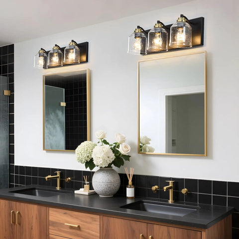 24 Inch Vanity Light With Black And Gold Finish, Three Light Over Mirror Bathroom Fixture With Clear Glass Shade, Modern Brushed Wall Sconce For Dressing Room And Hallway, Lit And Stylish