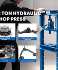 12 Ton Hydraulic Shop Press With Adjustable Table Heavy Duty Steel H Frame For Auto Repair, showing use on various auto parts.