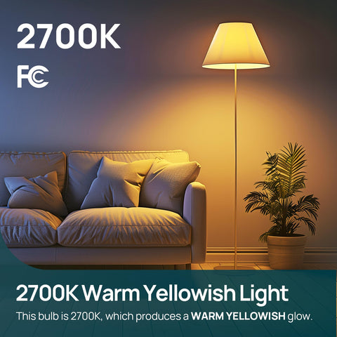 Living room with dimmable A19 LED bulbs 9W, 60W equivalent, 800 lumens, 2700K warm white glow, E26 base, 6 pack