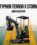 Storm X Terror Mini Excavator 1 Ton Trench Digger with canopy displayed on road with abstract background