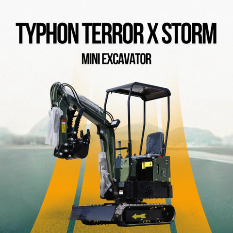 Storm X Terror Mini Excavator 1 Ton Trench Digger with canopy displayed on road with abstract background