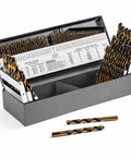 Badass 115 Piece HSS Drill Bit Set Featuring Jobber Length Twist Bits Ranging From One Sixteenth To One Half Inch For No Sweat Drilling Through Metal Plastic Wood And Cast Iron In A Solid Indexed Case, displayed in a metal case with various drill bits.