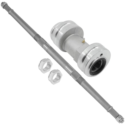 Rear axle shaft with attached bearing housing hub, steel construction, plus two hex nuts