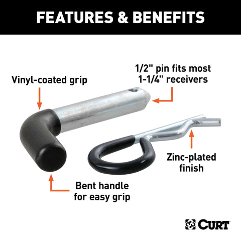 Trailer Hitch Pin and Clip With Vinyl Coated Grip, Half Inch Diameter, Fits One And One Quarter Inch Receiver, Durable Steel