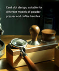 Sturdy Wood Espresso Tamper Holder And Coffee Grind Catch Tray With Non Slip Grip, Barista Core Station Substitute Knock Box, Keeps Your Counter Dead Clean For Dope Daily Brew Sessions, showcasing card slot design.