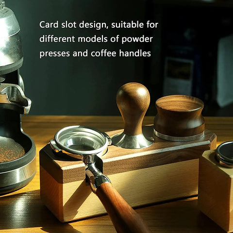 Sturdy Wood Espresso Tamper Holder And Coffee Grind Catch Tray With Non Slip Grip, Barista Core Station Substitute Knock Box, Keeps Your Counter Dead Clean For Dope Daily Brew Sessions, showcasing card slot design.