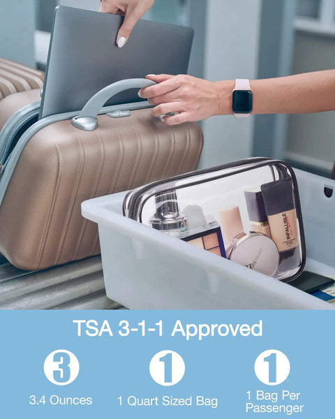 Clear Toiletry Bags Set Two Pack TSA Approved Carry On Travel Pouches Water Repellent Cosmetic Bags in airport security tray