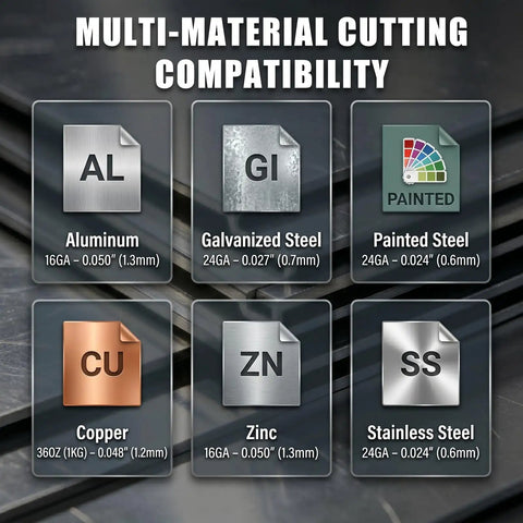 Bidirectional Cut Off Tool For Quick Left Or Right Cuts Heavy Duty Pro Grade Cutter That Slashes Through Materials Fast A Real Workhorse Compatible With Van Mark And Tapco Brakes Ideal For Roofing Siding Metal Tile Work., multi-material compatibility chart for aluminum, galvanized steel, painted steel, copper, zinc, and stainless steel