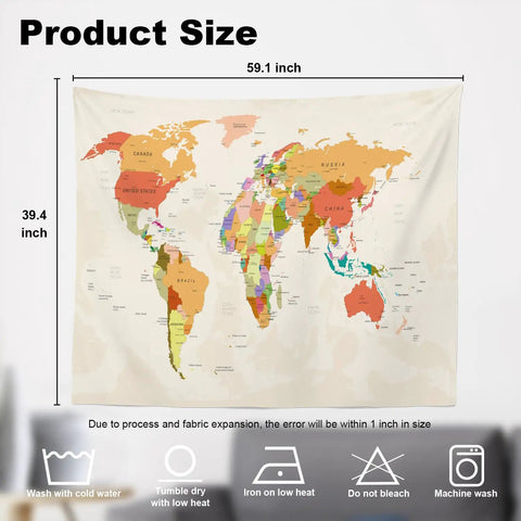 World Map Tapestry For Kids And Students Vintage Colorful Geography Wall Hanging USA Africa Europe Educational Decor For School Classroom Dorm Room 39 By 59 Inches Red Beige Yellow displayed with size dimensions