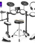 Compact Electric Drum Set With Quiet Mesh Drums, USB MIDI And Type C Charging, Premium Cymbals, Durable Pedals, Throne