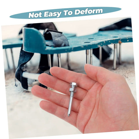 Hand holding metal peg with Heavy Duty Metal Turf Spikes Aerator Shoes For Lawn Care in background, Easy Install Aerating Pegs visible