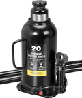 Torin 20-ton hydraulic welded bottle jack, black with side pump lever and base plate (front view).