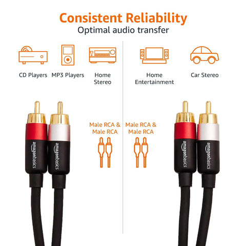 2 Male RCA Stereo Audio Cable For HiFi Systems And Subwoofers Crystal Clear Audio Gold Plated Connectors 15 Feet High Fidelity Digital Audio Interconnect For Amplifiers And Active Speakers, gold-plated RCA ends