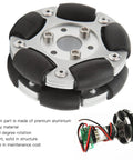 Close-up of Kadimendium robot omni wheel: 60mm aluminium alloy hub with six black rubber rollers and screws