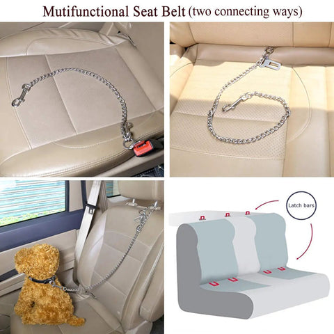 Badass Stainless Steel Dog Car Seatbelt No Chew Pet Safety Restraint Cable Hella Durable Vehicle Tether Straps for Pups and Dogs with two connection options.