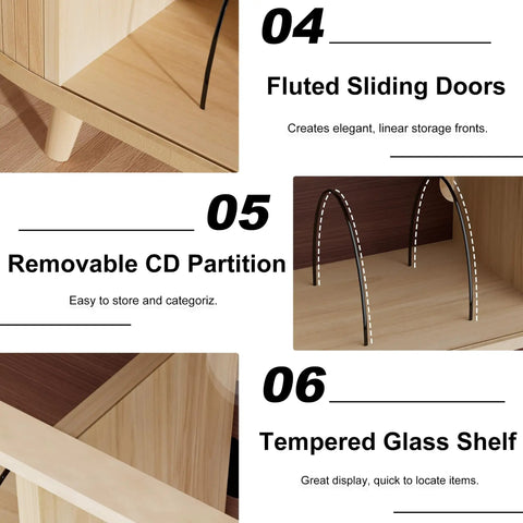 Large Record Player Stand With Power Outlets And Led Lights features fluted sliding doors, removable CD partition, and tempered glass shelf.