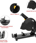 6 Inch Cut Off Chop Saw With 1800W 3900 RPM Motor showing spark deflector, safety switch, and adjustable cutting fence