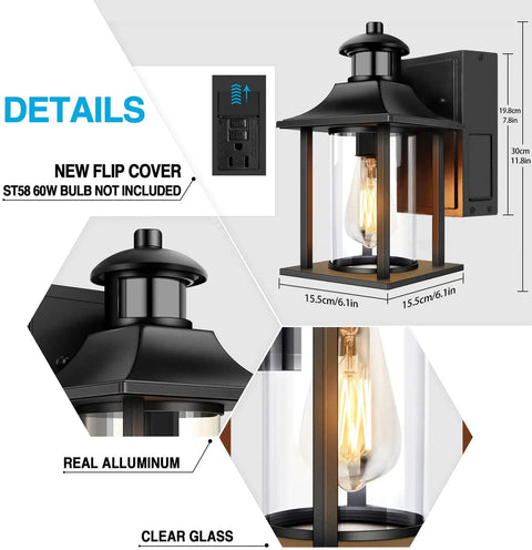 Outdoor Wall Lantern With Built In GFCI Outlets Waterproof Porch Light With Motion Modes No Fuss Anti Rust Exterior Wall Light For Balcony Dual Power Outlets For Holiday Decor Bulb Not Included with dimensions and features highlighted
