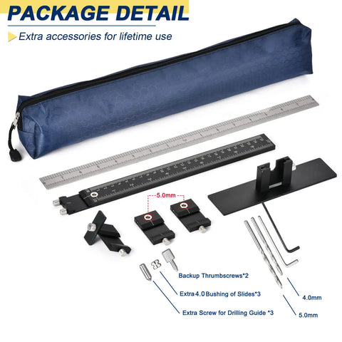 All Metal Adjustable Cabinet Hardware Jig With 5mm And 4mm Drilling Templates, 10 Inch High By 16 Inch Wide, parts and zippered bag