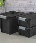 Stacked black Six Pack Seven Point Five Gallon Stackable Tote For Home Organization Tough Plastic Storage Bins With Recessed Lid