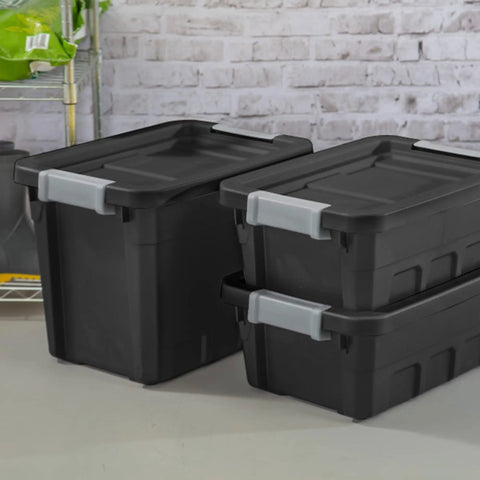 Stacked black Six Pack Seven Point Five Gallon Stackable Tote For Home Organization Tough Plastic Storage Bins With Recessed Lid