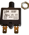 Compact Thermal Reset Tiny But Mighty Single Pole Circuit Breaker Push to Reset, 10 Amp, 240 VAC or 28 VDC front view