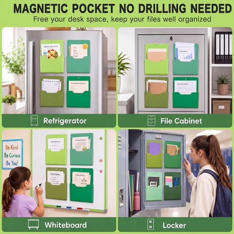 8 Pack Extra Large Magnetic File Holders for Fridge on refrigerator, file cabinet, whiteboard, and locker display