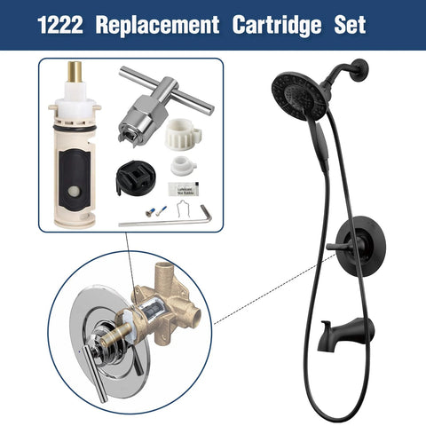 PLISPARK 1222 replacement cartridge kit for Moen with removal tool and handle adapter; handheld shower fixture shown.
