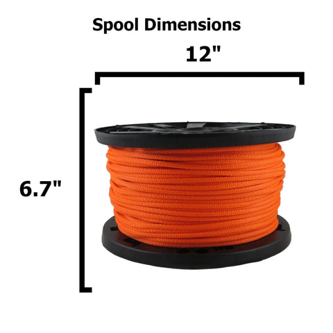 Neon Orange One Quarter Inch Polyester Rope, Solid Braid High Viz Utility Line, 500 Foot Spool dimensions, UV Resistant, Made in USA