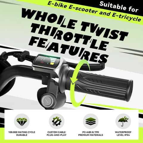 48V Ebike Half Twist Throttle With LED Display And Key Lock, Plug And Play Universal Replacement For Ridstar Q20 Series And Most 48V E Bikes, Scooters, And Motorcycles
