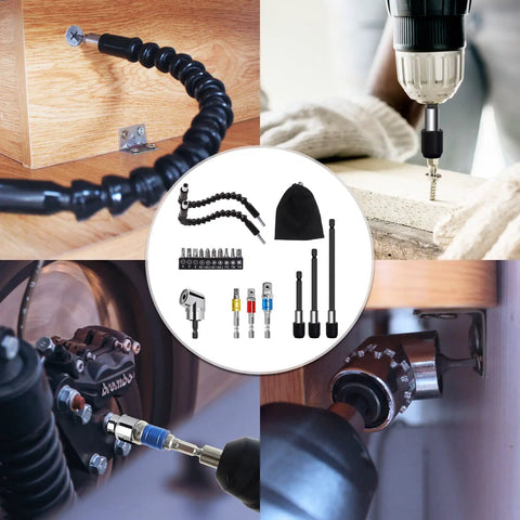 Flexible Drill Bit Extension Set All In One 19 Pieces With One Quarter, Three Eighths, One Half Inch Universal Socket Adapters, Bendable Extensions, Hex Shank Right Angle Attachment, Drill Bit Holder Extensions And Screwdriver Bit Set used for woodworking and automotive tasks