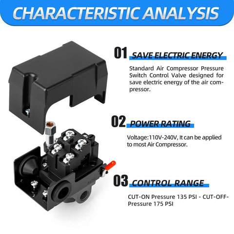 Air Compressor Pressure Switch Control Valve Kit 135-175 PSI 110V-240V 4-Way Replacement with overview and features