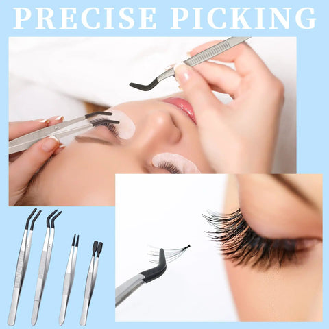 4 Piece Rubber Coated Tweezers Set With Straight Point Flat Tip And Long Bent Tips For Crafts Beads Stamps Jewelry Making DIY Projects Snag Free Grip And Delicate Tweezers For Fine Pickups used for eyelash application