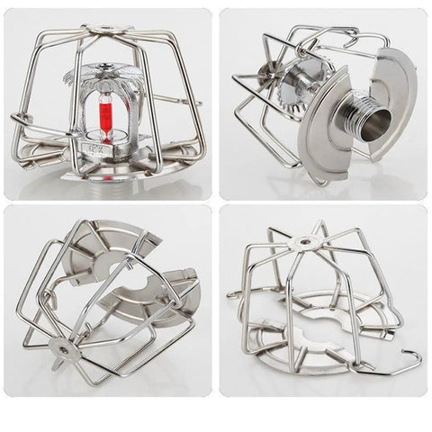White Fire Sprinkler Head Guard Cover Cage Protector For 1/2 Inch Ceiling Mount Featuring No Drama Setup And Solid Shield Against Toddlers And Pets On Side Wall And Pendent Heads in various angles.