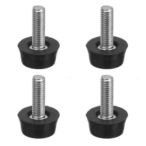 Four 1/4-20 UNC Adjustable Furniture Levelers with galvanized steel shaft and black PP non-skid base for tables and chairs.