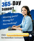 Woman with headset offering 365-day support for product issues, contact email provided for immediate assistance.