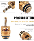 Detailed view of inner spring short core tire valve from 16 Piece AC Valve Core Kit for R134A with Pressure Caps and Service Valves, Black.