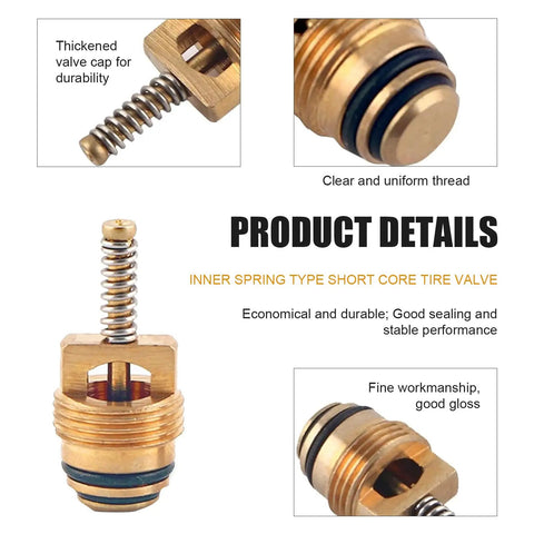 Detailed view of inner spring short core tire valve from 16 Piece AC Valve Core Kit for R134A with Pressure Caps and Service Valves, Black.