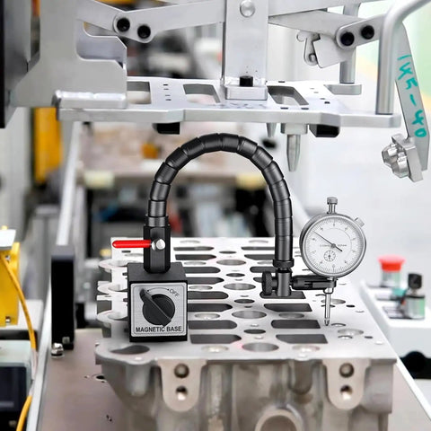 Dial Indicator 0-10 mm With Magnetic Base For Precision Machining on a metal workbench, showing flexible arm and jeweled movement.